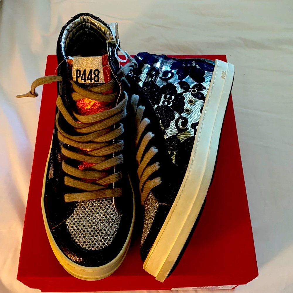 P448 Black and White Lace-Pattern High-Top Sneakers